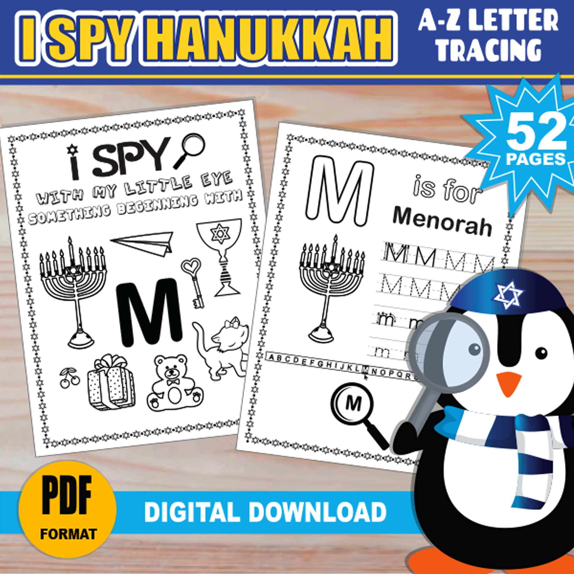 Hanukkah I Spy A-Z | PRINTABLE | Letter Tracing & Coloring | Chanukah Activity | Beginning Sounds Worksheets | Handwriting Practice's featured image