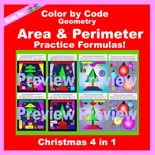 Christmas Color by Code: Area and Perimeter Tree 4 in 1: Practice Formulas!