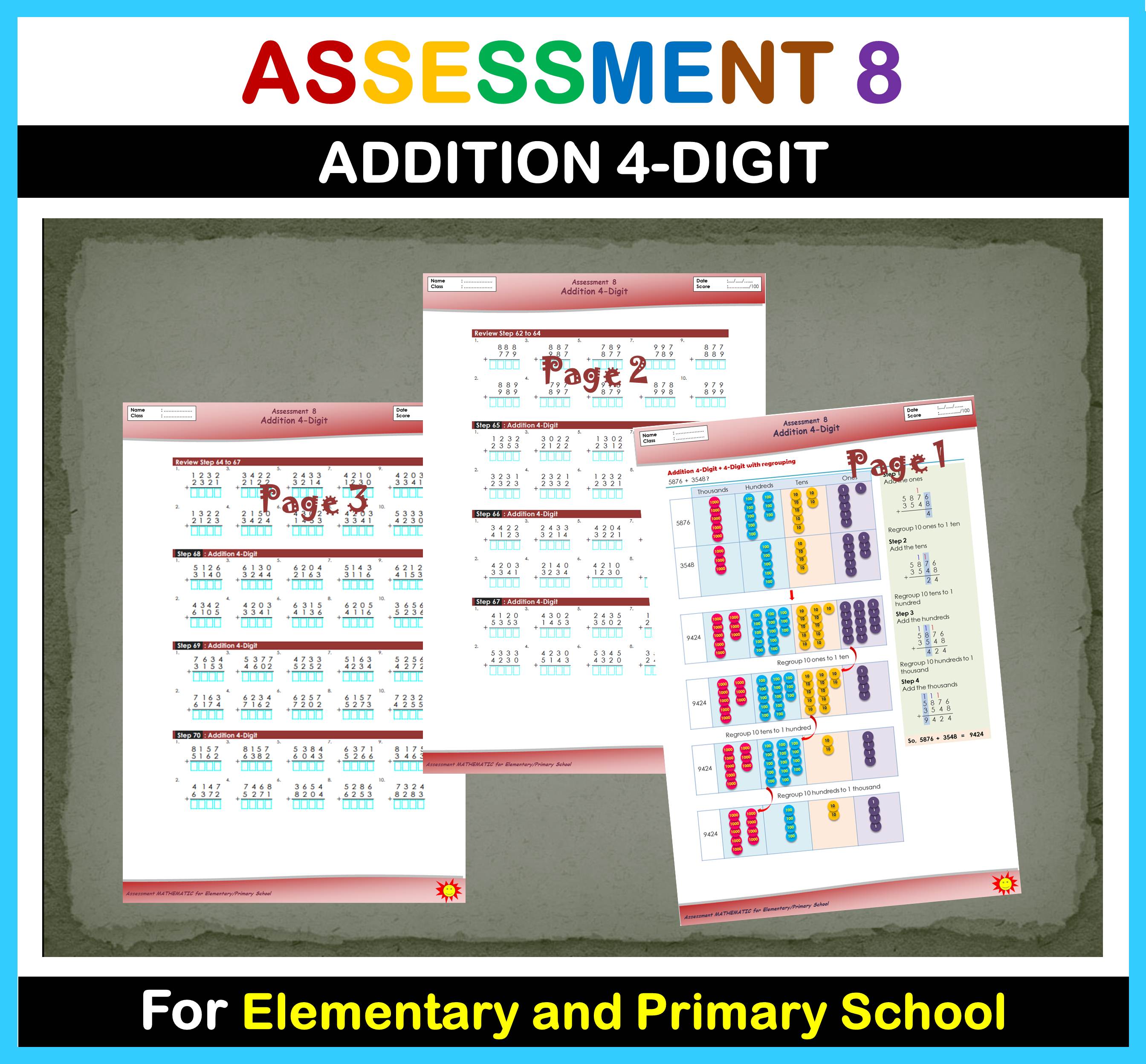 Math Addition Assessment 8 for Elementary and Primary s