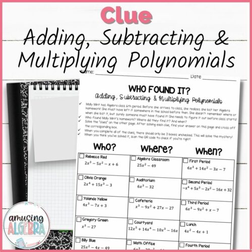 Adding, Subtracting and Multiplying Polynomials Clue Mystery Activity's featured image