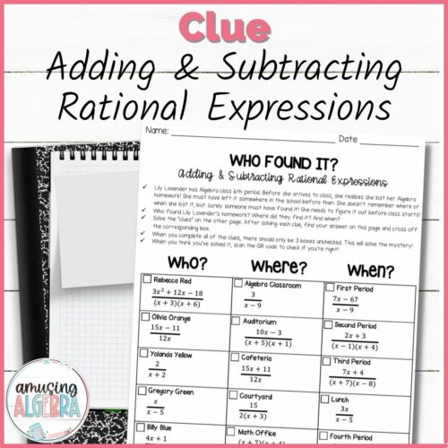 Adding and Subtracting Rational Expressions Clue Mystery Activity's featured image
