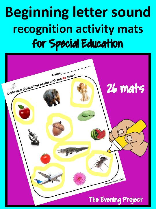 Beginning letter sound recognition activity mats for Special Education