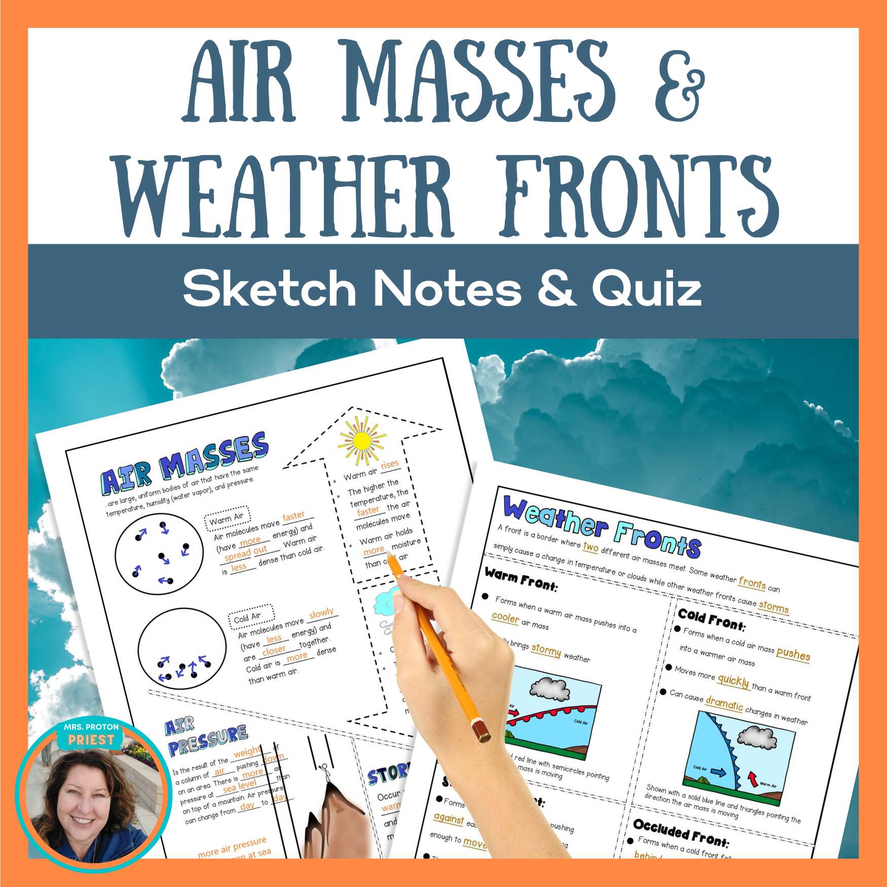 Air Masses and Weather Fronts Sketch Notes, Quiz, & Slideshow