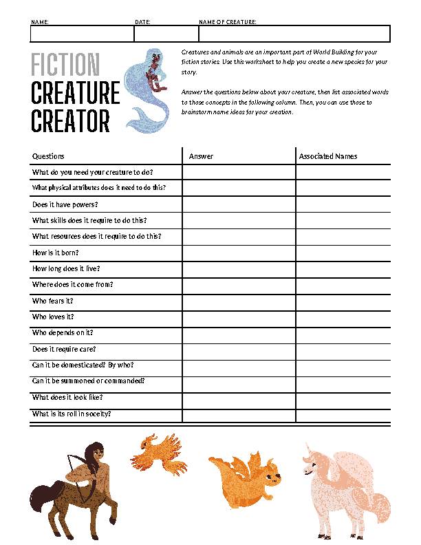 Creature Creation Activity: Fiction Writing Worksheet