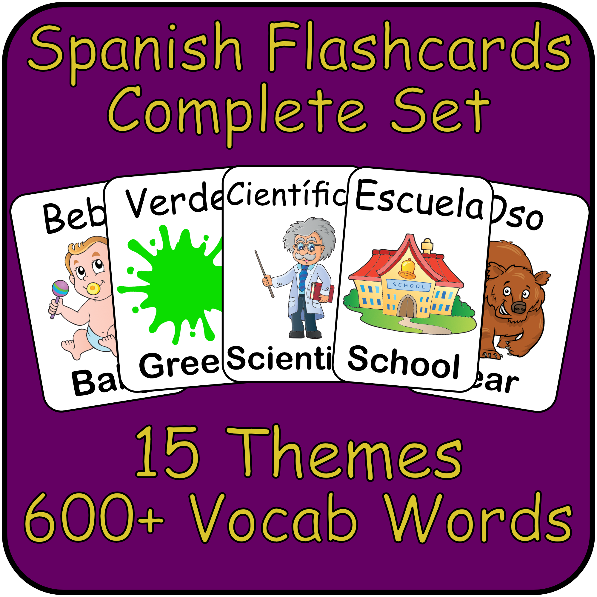 Spanish-English Flash Cards Bilingual Bundle - 600+ Vocab Words/15 Themes - ESL or Spanish for Kids!