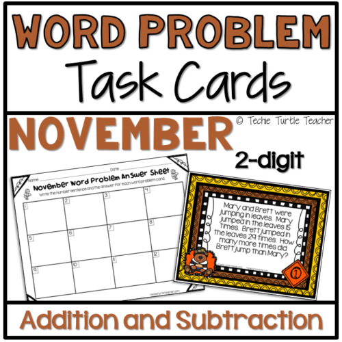 Addition & Subtraction 2-Digit Fall Word Problem Task Cards November's featured image