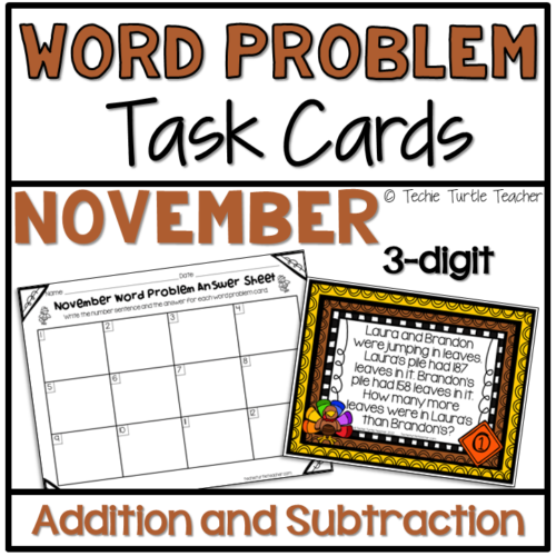 Addition & Subtraction 3-Digit Fall Word Problem Task Cards November's featured image