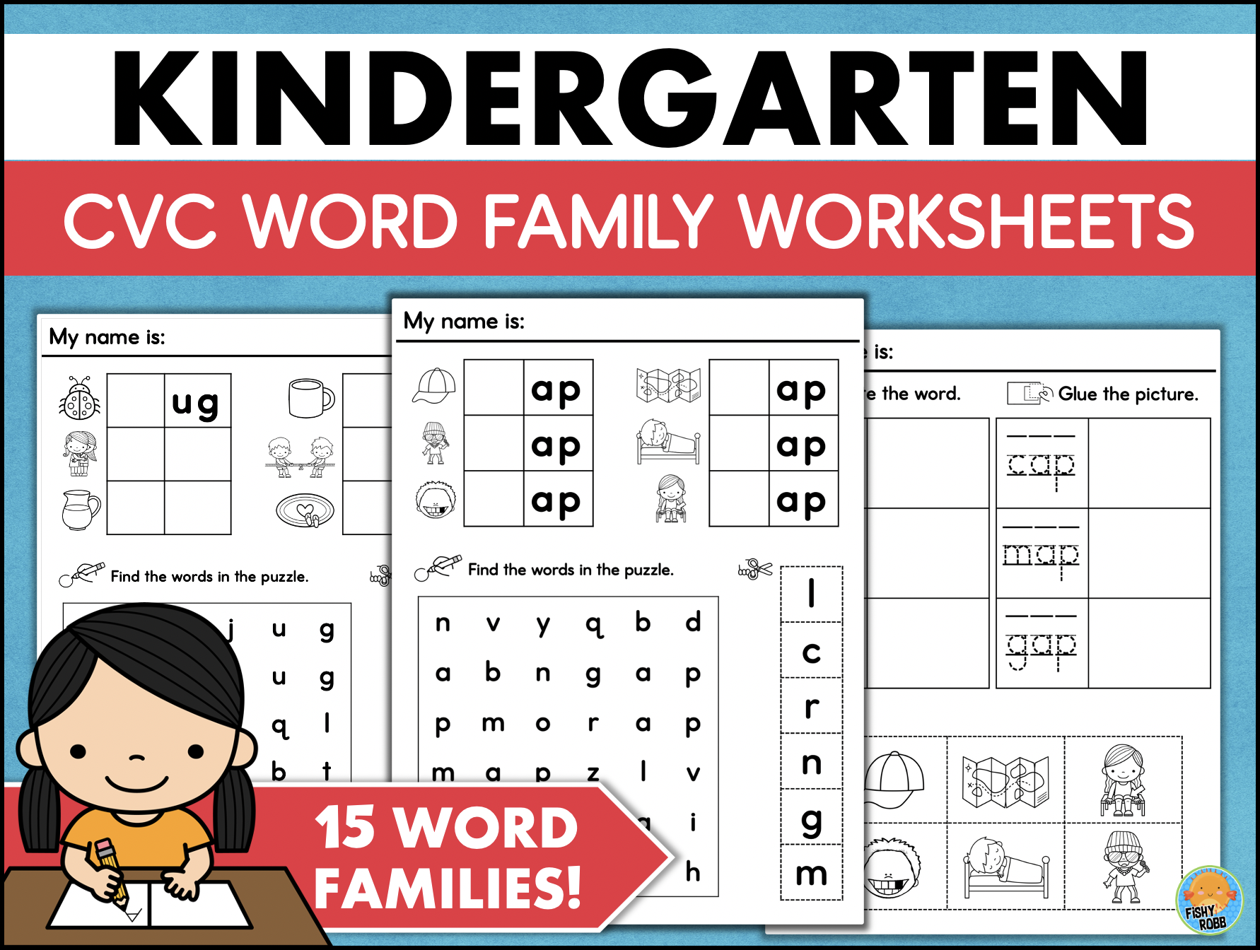 CVC Word Families Worksheets Short Vowel Words Word Search Read Trace Spell Cut Glue