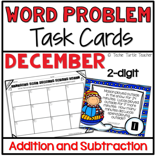 Addition & Subtraction 2-Digit Winter Word Problem Task Cards December's featured image