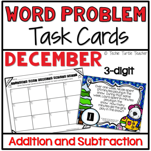Addition & Subtraction 3-Digit Winter Word Problem Task Cards December's featured image