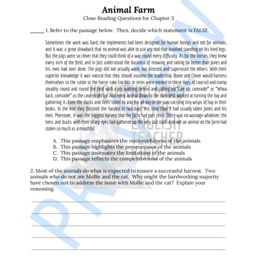Animal Farm Chapter 3 Quiz and Close Reading Worksheet Bundle - Classful