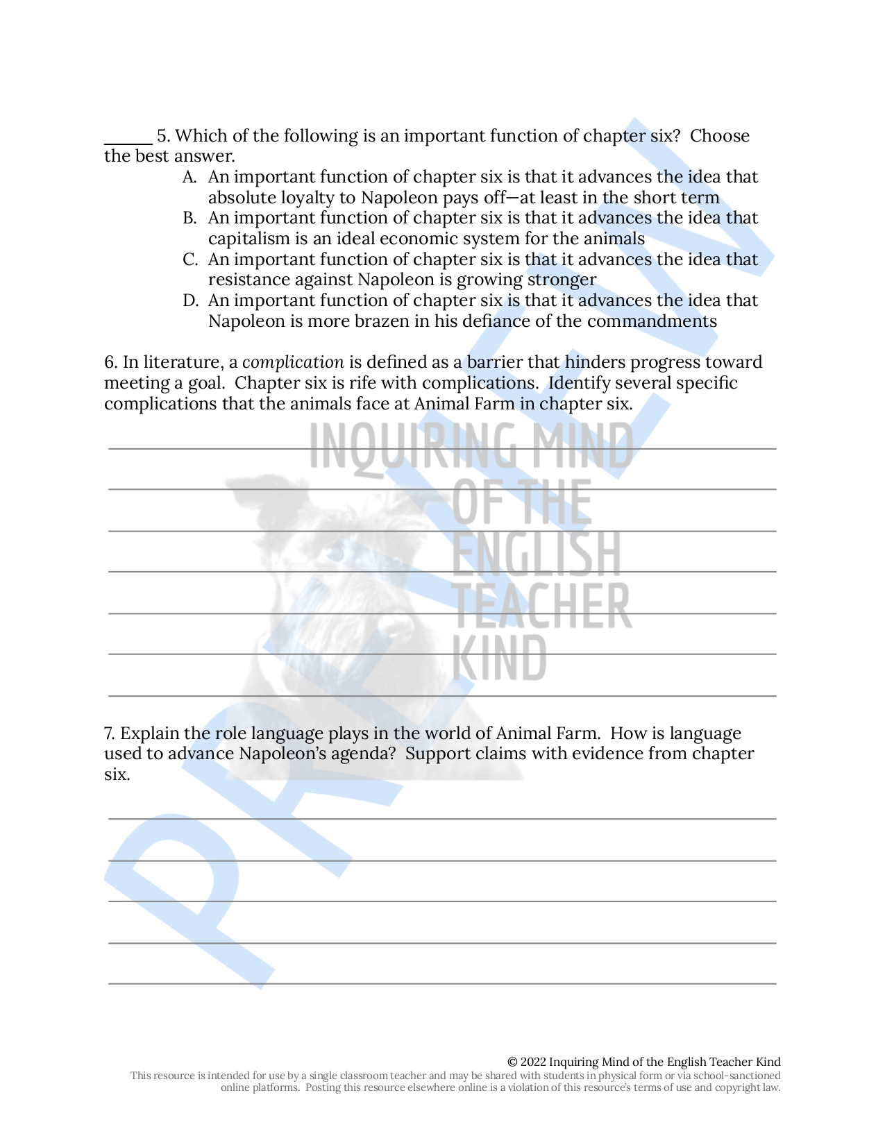 Animal Farm Chapter 6 Close Reading Worksheet - Classful