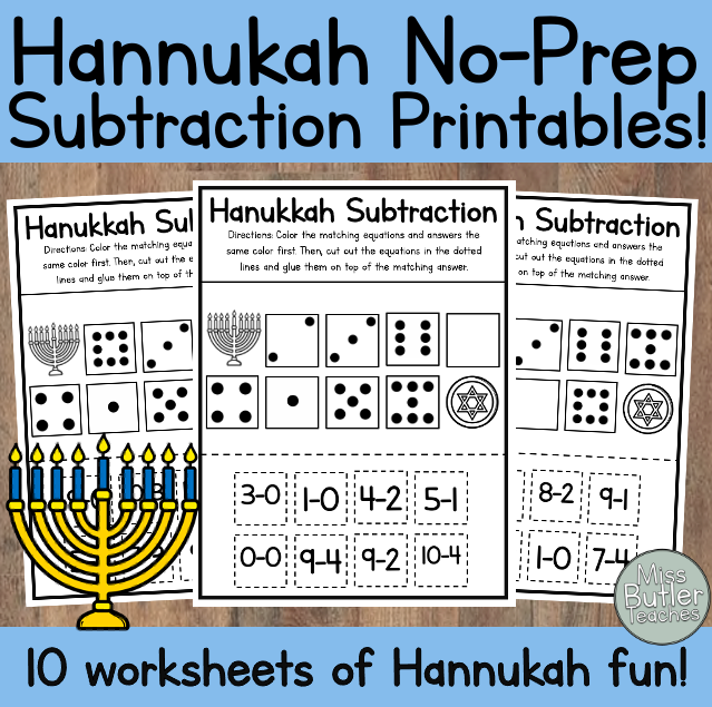 Kindergarten NO-PREP Hanukkah (Chanukah) Worksheets! Subtraction Math Center