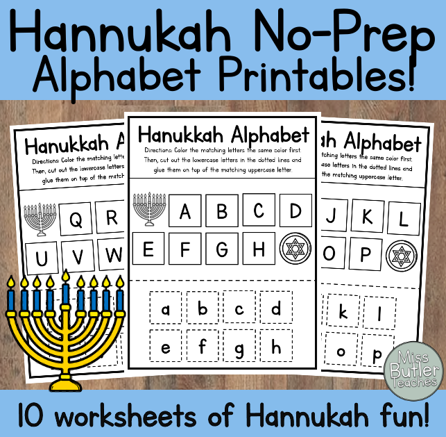 Kindergarten NO-PREP Hanukkah (Chanukah) Worksheets! Alphabet Literacy Center
