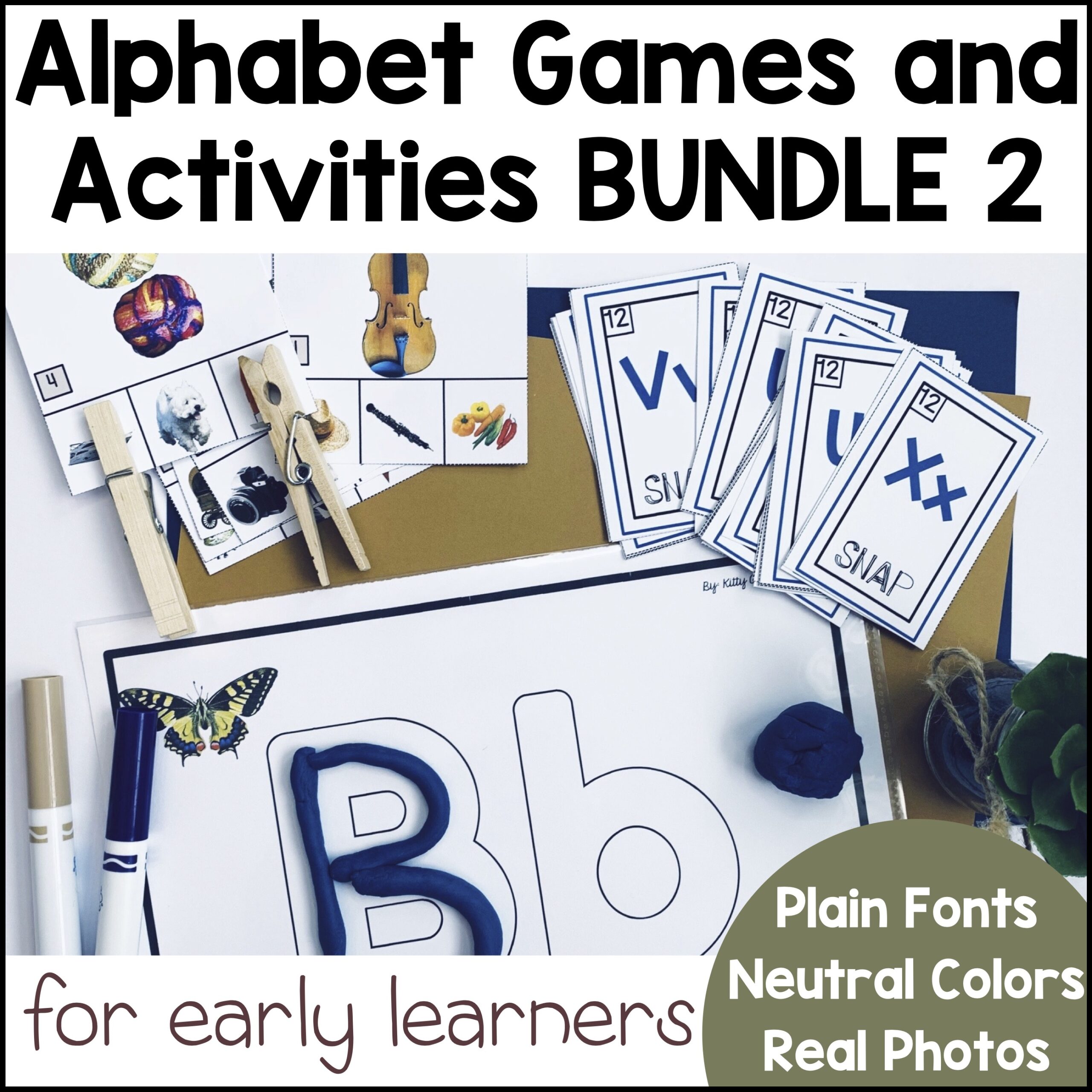 Letter Sound Games and Activities BUNDLE 2 - 30% OFF - Clip Cards, Snap and Play Putty Mats - Neutral Colors and Real Photos