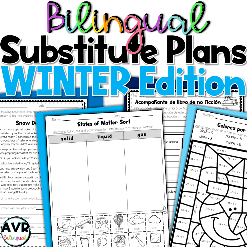 Winter Emergency Sub Plans | Bilingual Bundle | 3rd Grade | Spanish English