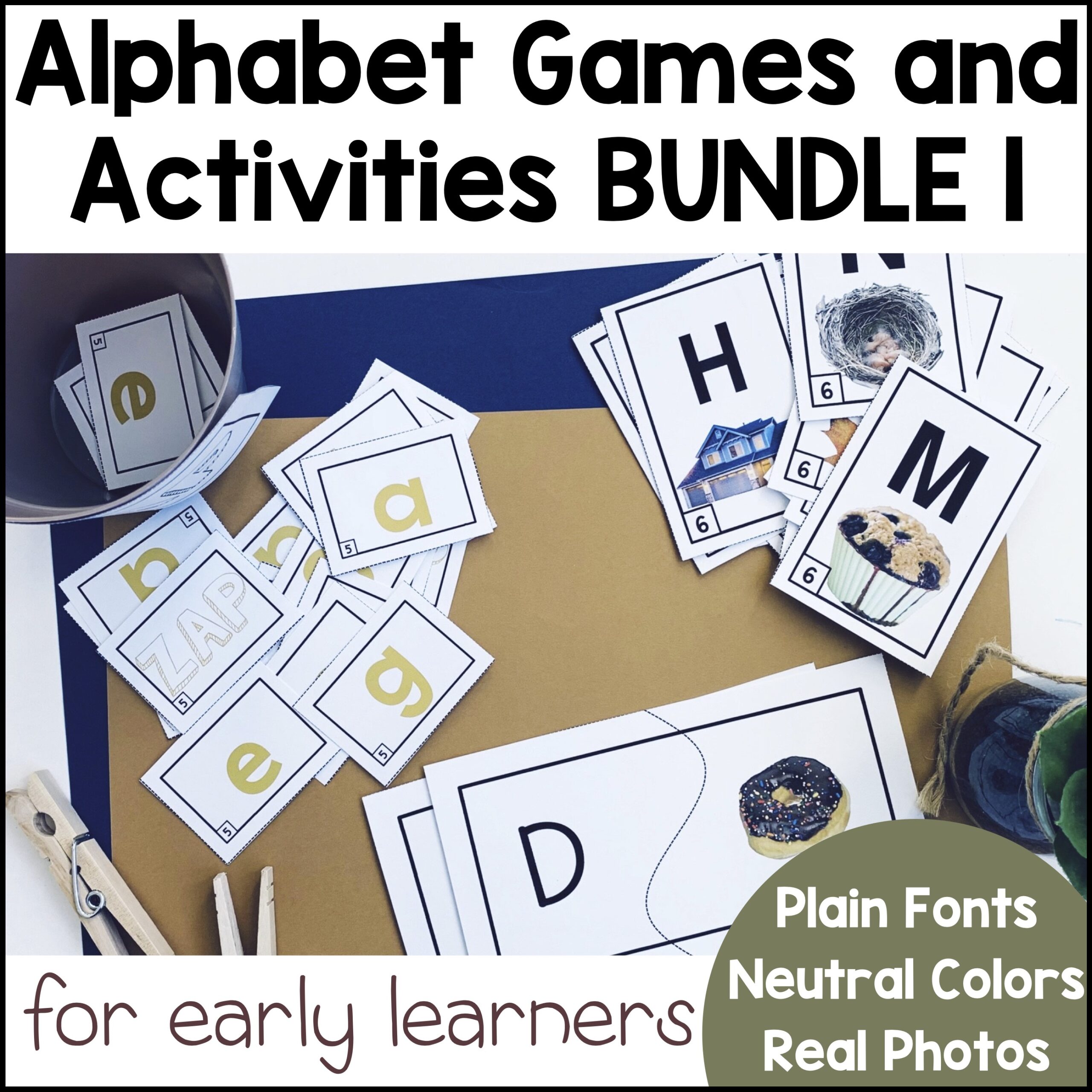 Letter Sound Games and Activities BUNDLE 1 - 30% OFF - Puzzles, Memory and Zap - Neutral Colors, Plain Font and Real Photo Realistic Clipart