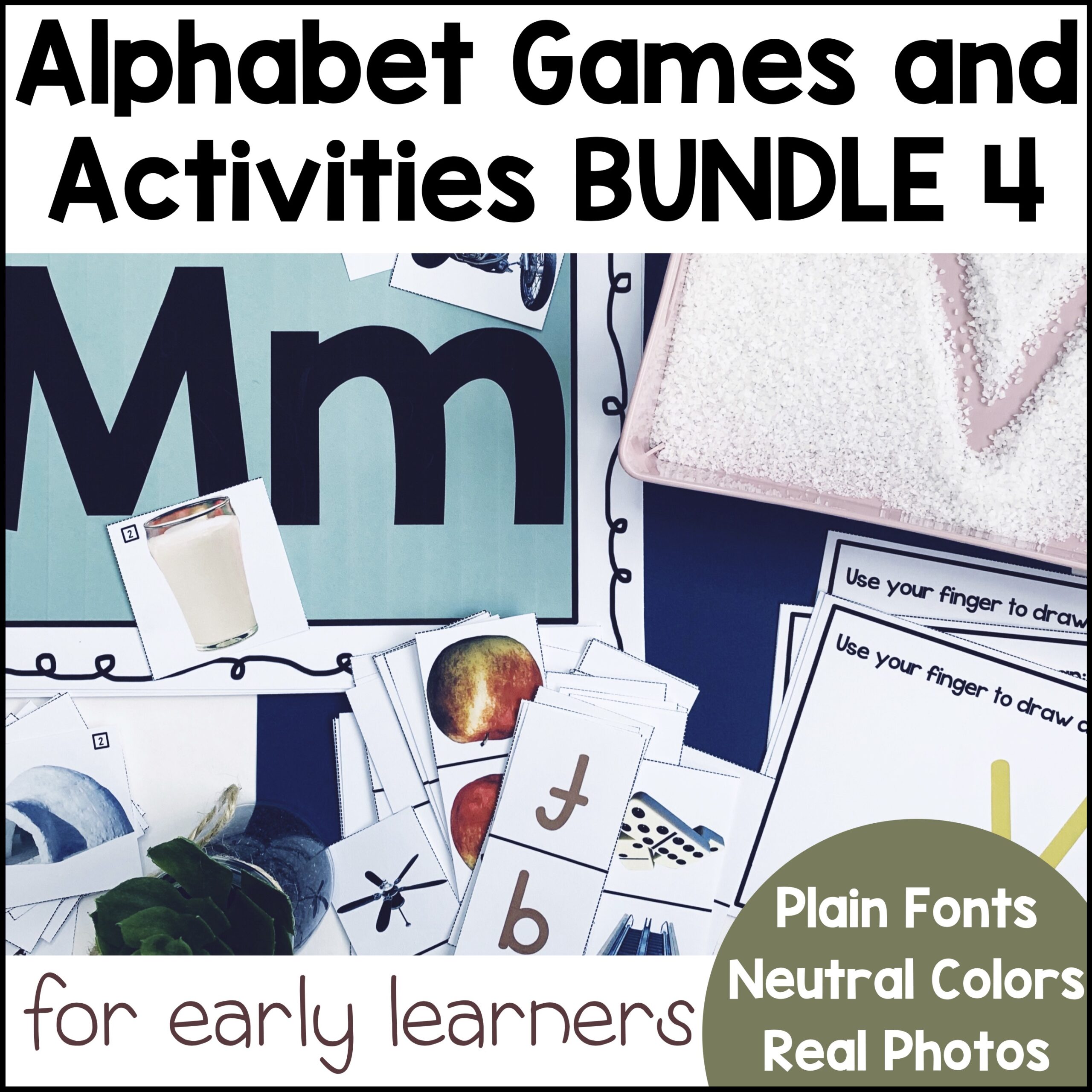 Letter Sound Games and Activities BUNDLE 4 - 30% OFF - Sorting Mats, Dominoes and Salt Tray Cards - Neutral Colors, Plain Font and Real Photo Realistic Clipart
