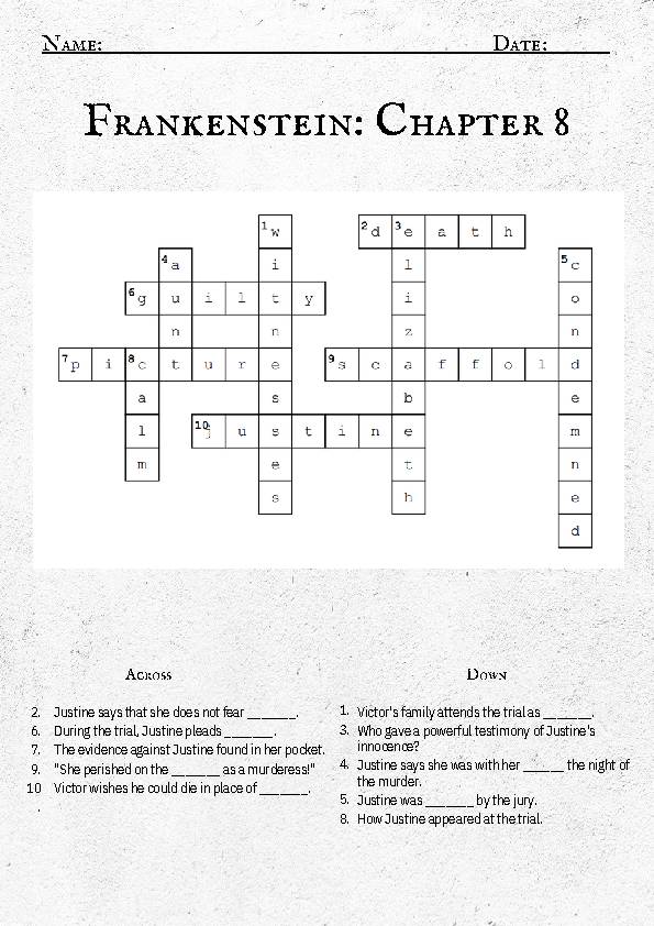Frankenstein Crossword Puzzle Act 1 The Letters 8 (includes 9 puzzles