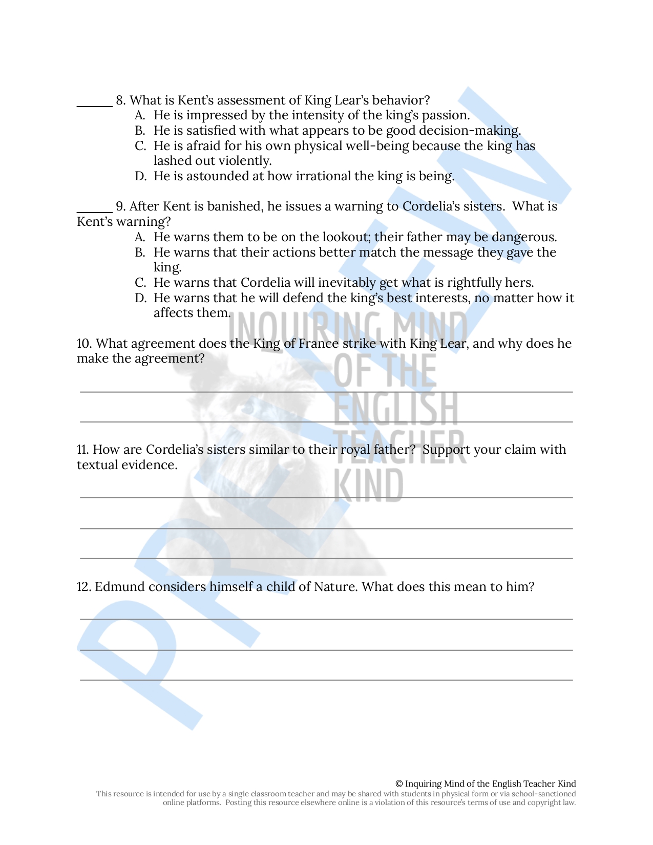 King Lear Act 2 Quiz and Close Reading Analysis Worksheets Bundle for High  School — Inquiring Mind of the English Teacher Kind