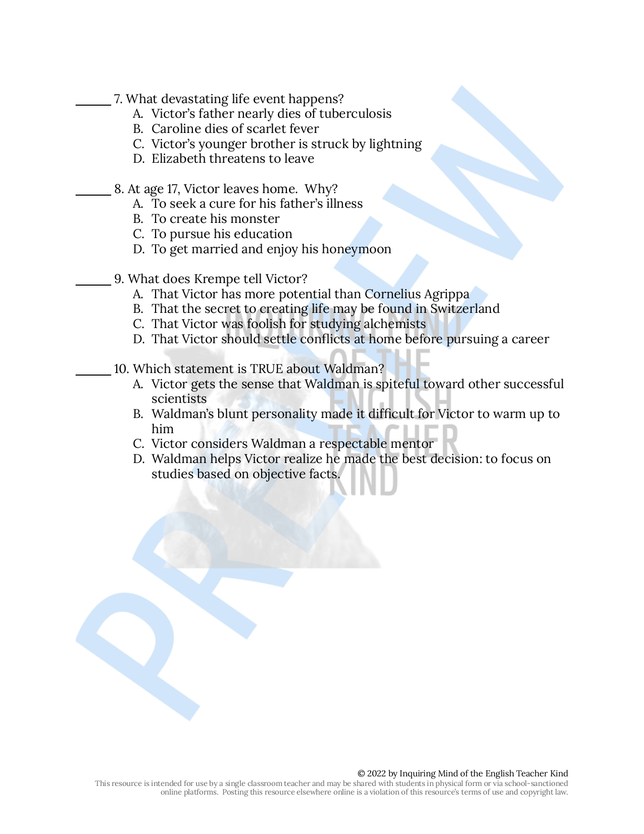 Frankenstein Chapters 1 through 3 Quiz and Answer Key Classful