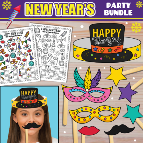 New Year’s Crafts and Activities | I Spy Game + Paper Hat + Photo Booth Party Props | DIY PRINTABLE New Year's Activities for Kids's featured image
