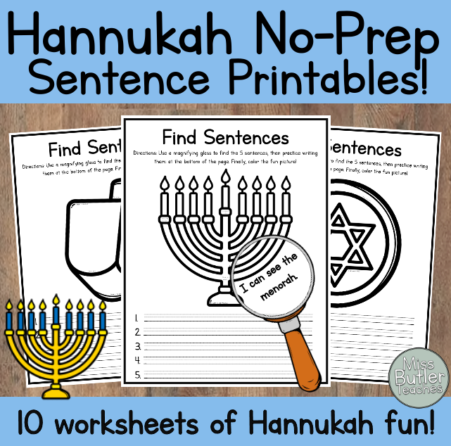 Kindergarten NO-PREP Hanukkah (Chanukah) Worksheets! Sentence Literacy Center