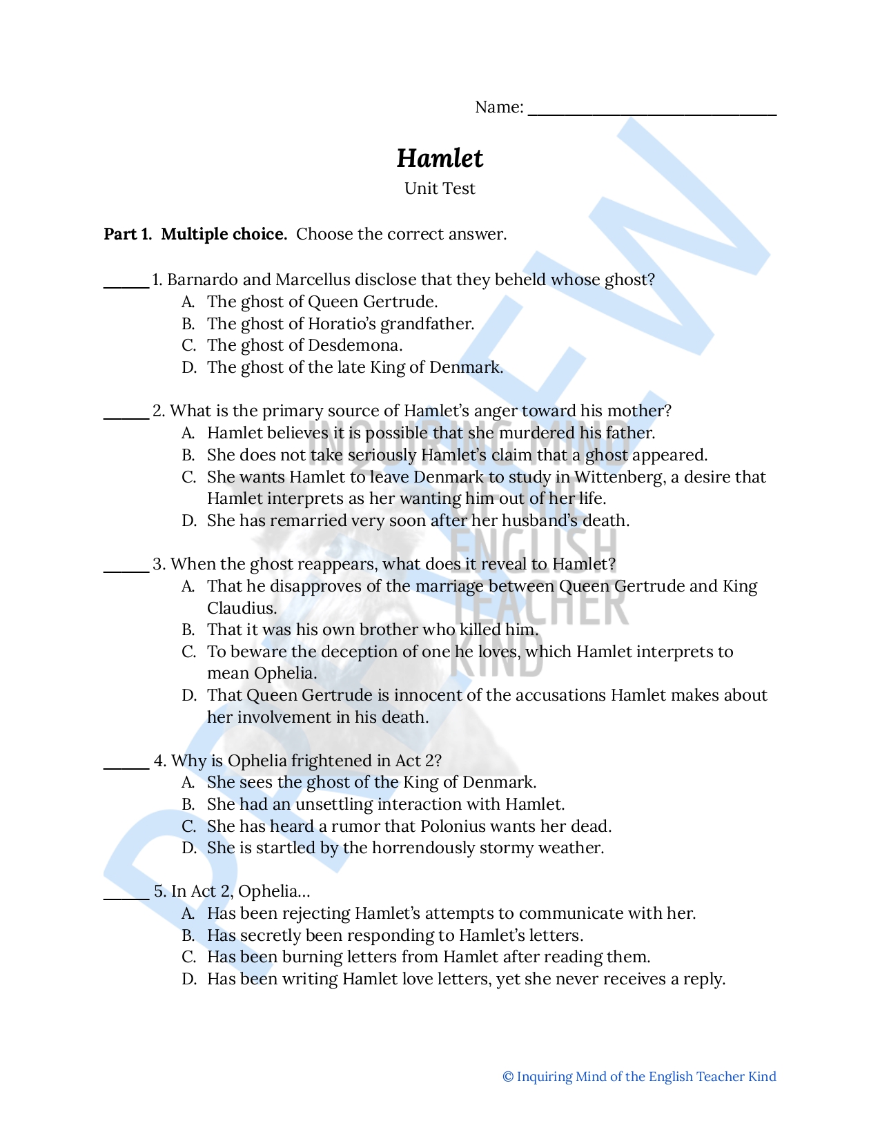 Hamlet Test and Answer Key Classful