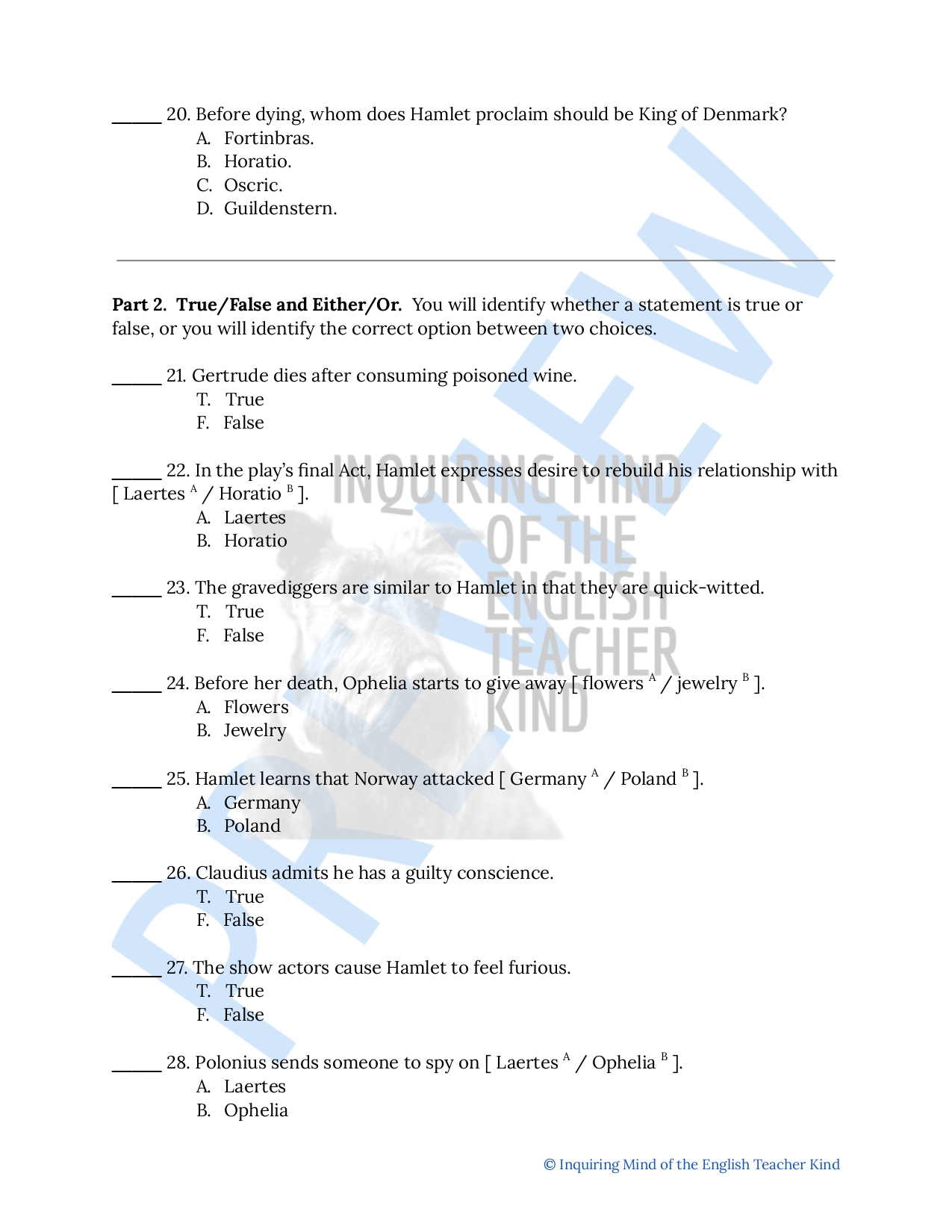 Hamlet Test and Answer Key Classful
