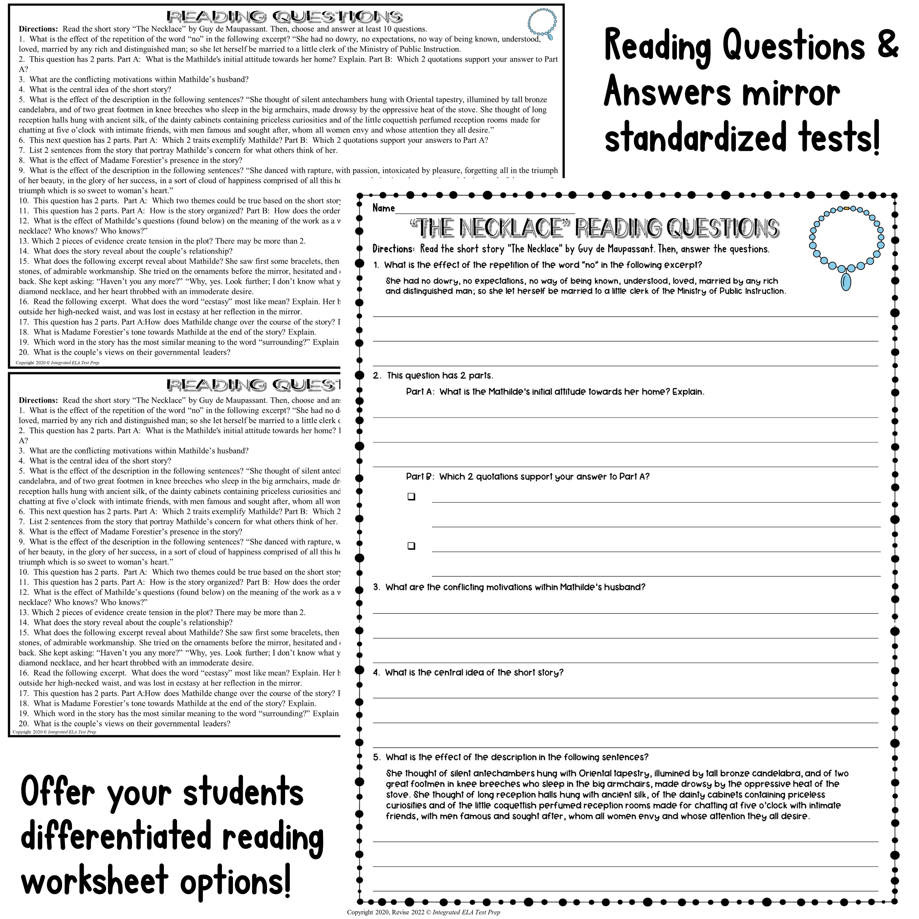 The Necklace Quiz Short Stories with Comprehension Questions Guy de Maupassant Classful