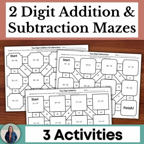 2 Digit Addition and 2 Digit Subtraction with Regrouping Maze Activities's featured image