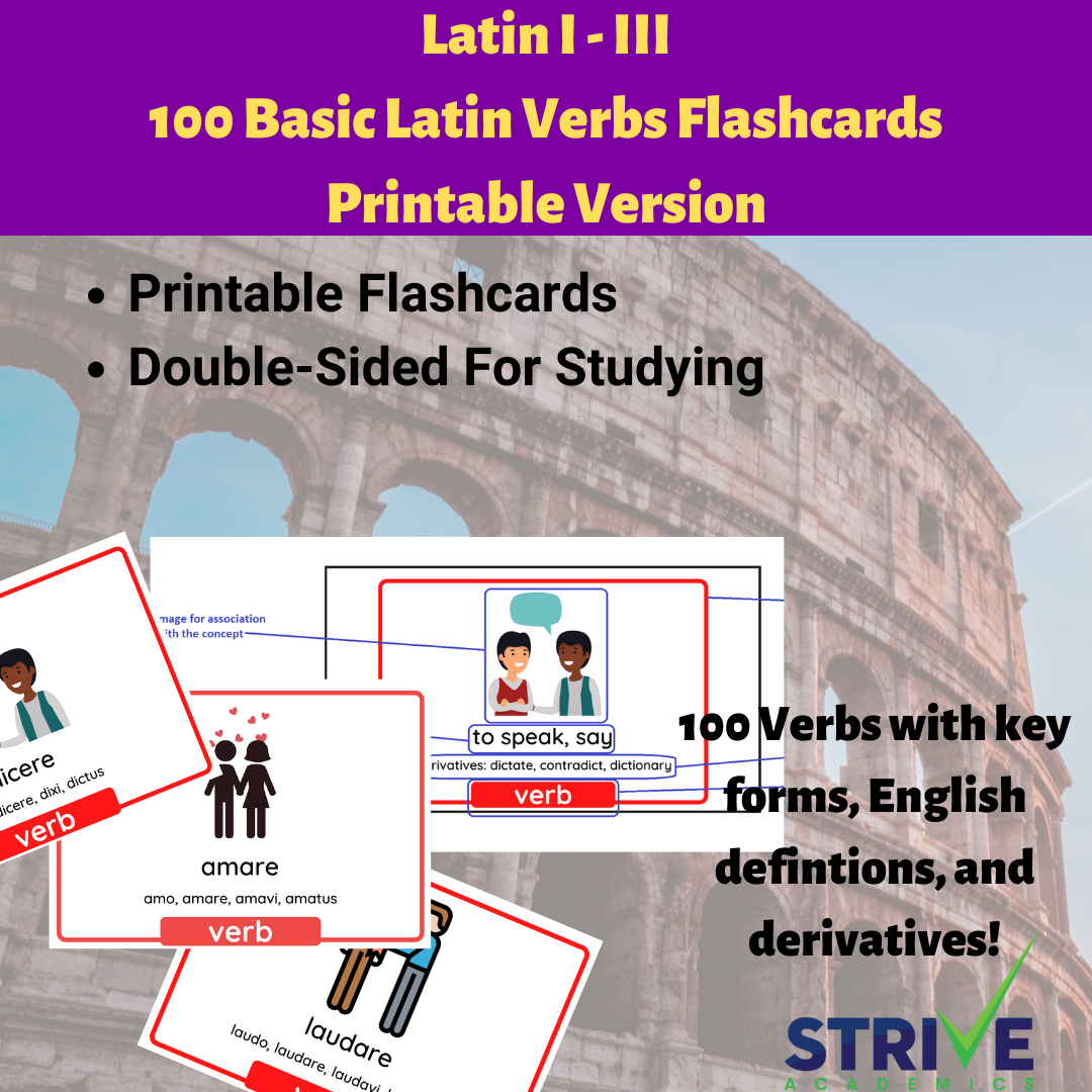 100 Basic Latin Verbs Double-Sided Printable Flashcards with Forms, Eng Derivs, Defs, + Pics