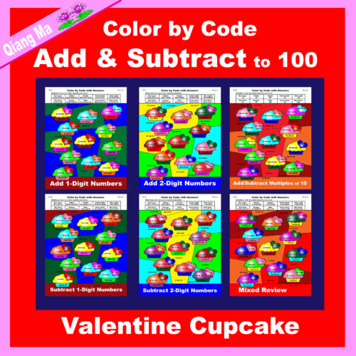 Valentine Color by Code: Add and Subtract to 100: Cupcake's featured image