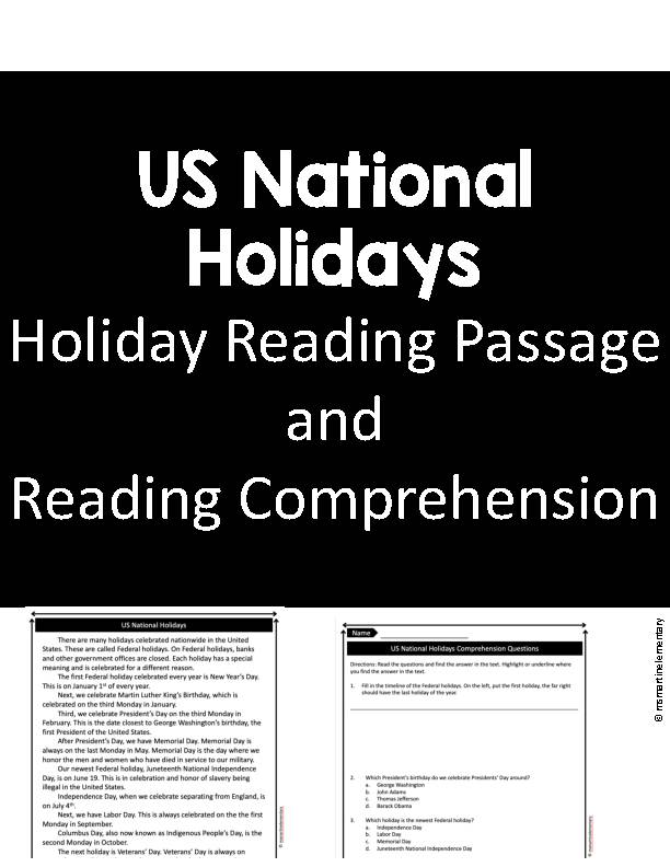 US National Holidays Reading and Comprehension Questions Classful
