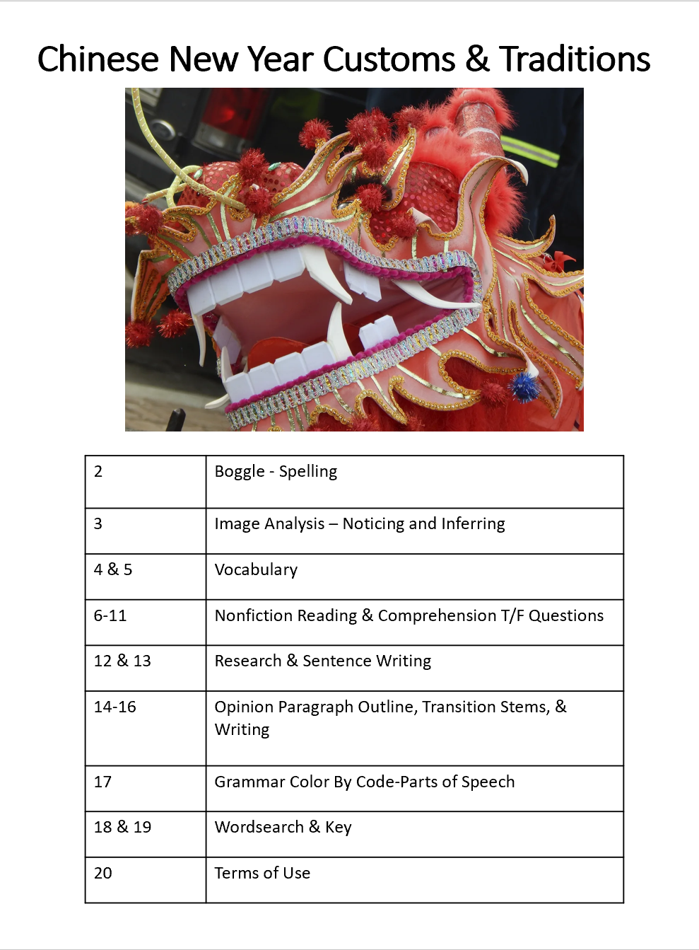 Chinese New Year Traditions Middle & High School ESL No Prep Independent Activity Sub Packet
