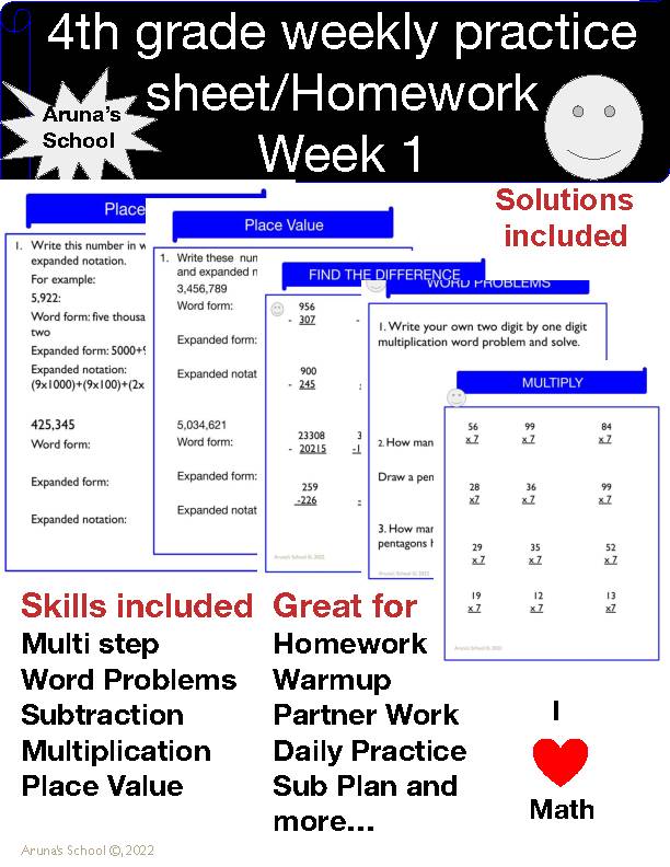 weekly homework sheet 4th grade