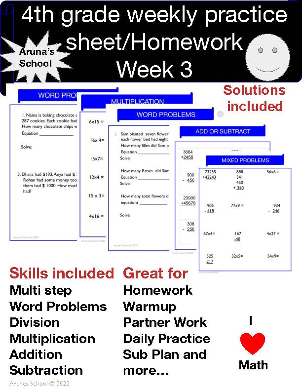 4th grade weekly math practice sheet/homework: Week3