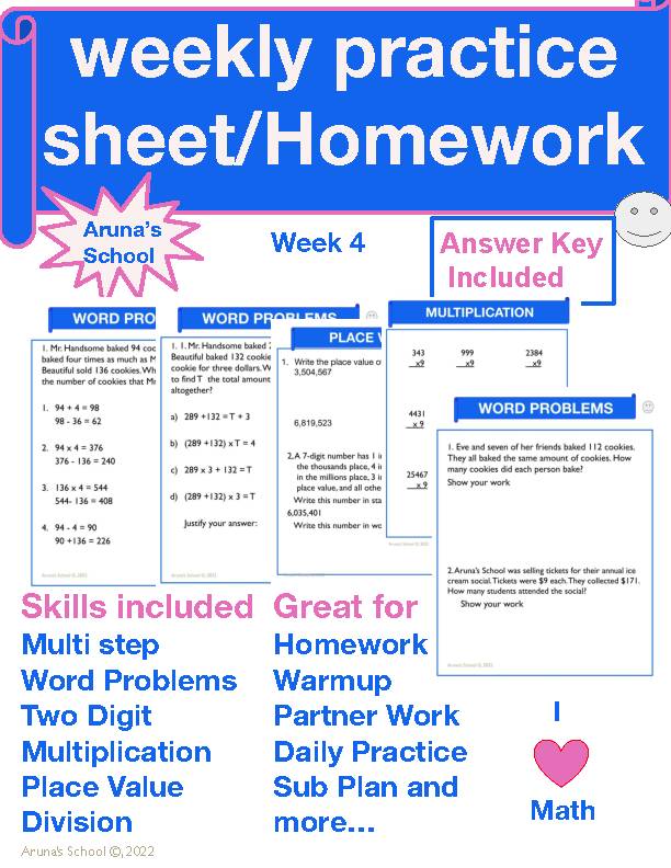 4th grade weekly math practice sheet/homework: Week 5