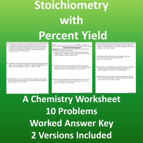 Percent Yield Stoichiometry Chemistry Worksheet 10 Problems with Answers's featured image