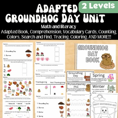Special Education, Pre-K, Kindergarten Ground Hog Day Unit with 2 LEVELS- Book, Vocabulary, Tracing, Matching, Color ID,'s featured image
