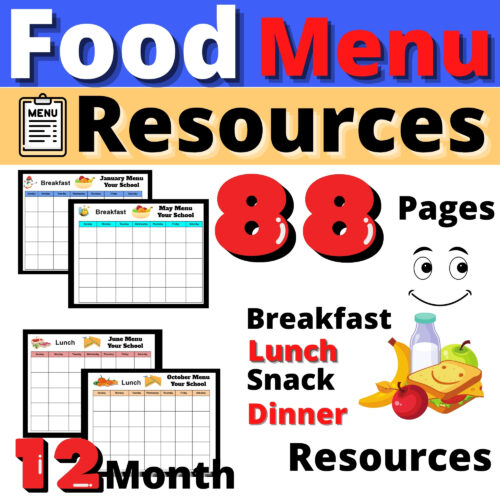 Food Menus Monthly School Resource Activity Calendar Editable Breakfast Lunch's featured image