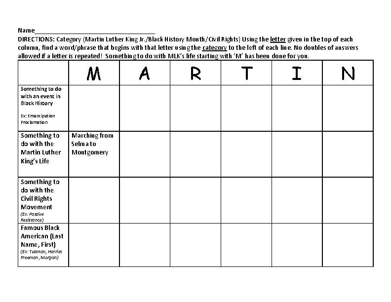 'MARTIN' A MLK/Black History/Civil Rights Cooperative Activity Puzzle (Grades 5-12)