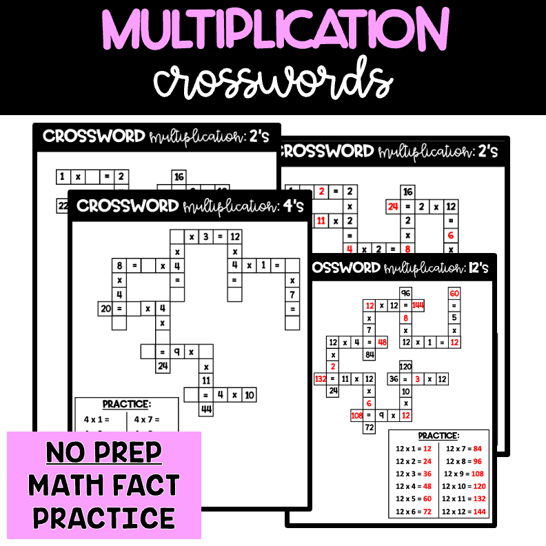FACT FLUENCY: Multiplication Crossword Puzzles (2-12)