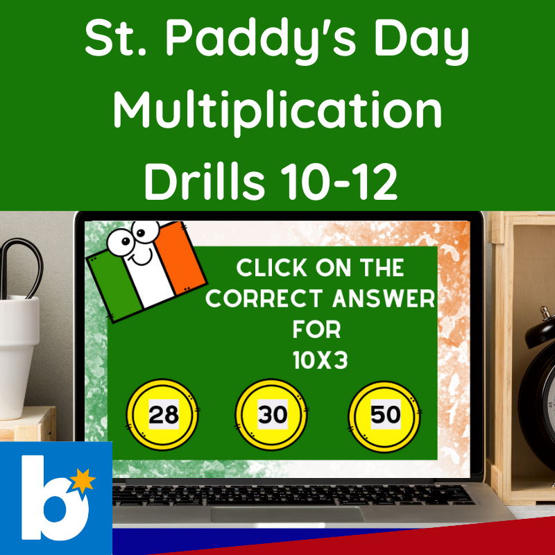 St. Paddy's Day Multiplication Drills 10-12 Boom Cards 3rd grade math activity