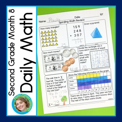 Math Spiral Review | 2nd Grade Daily Worksheets Morning Work Homework Month 8's featured image