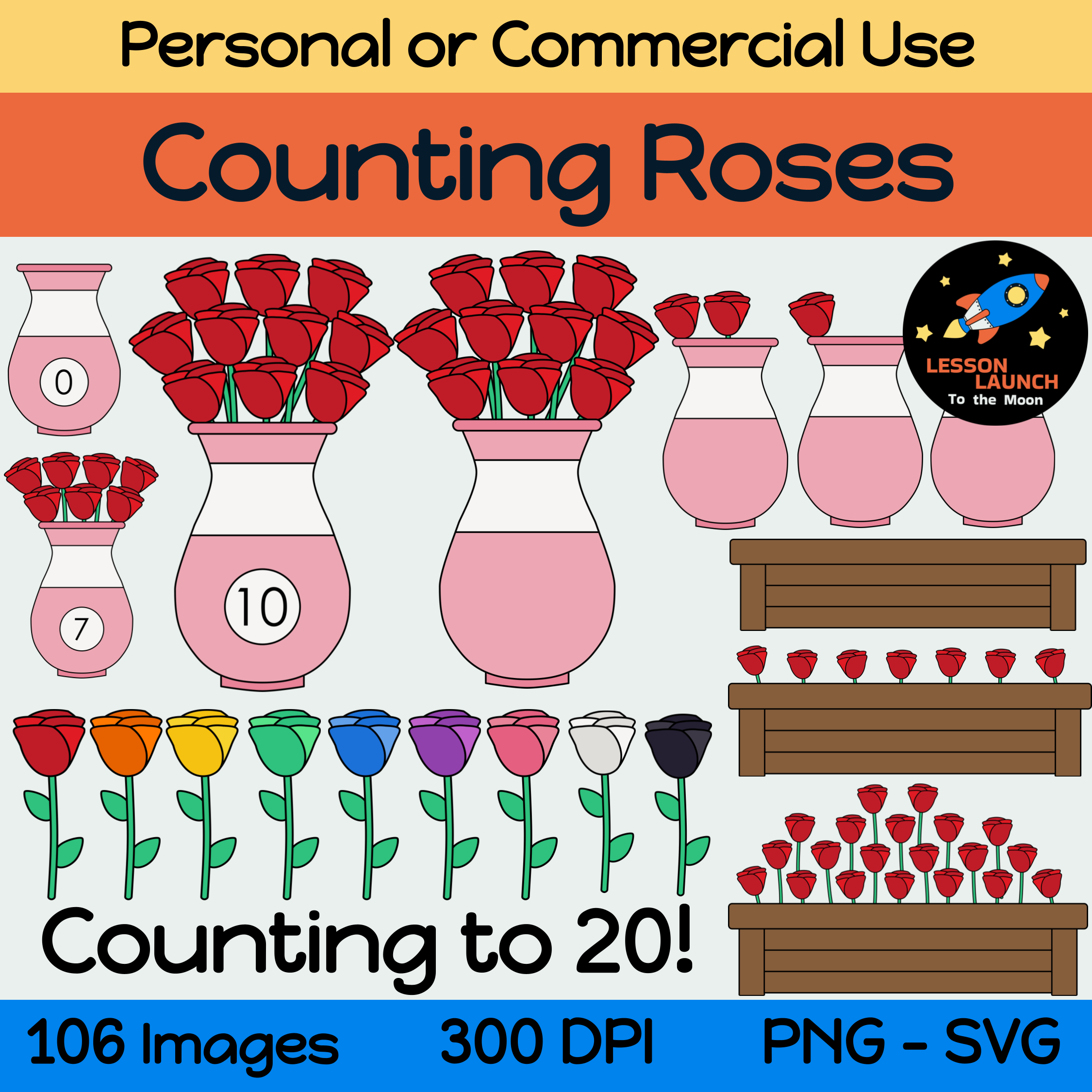 Roses in Vases and Planter Boxes (Counting Valentine's Day Flowers) - Clipart