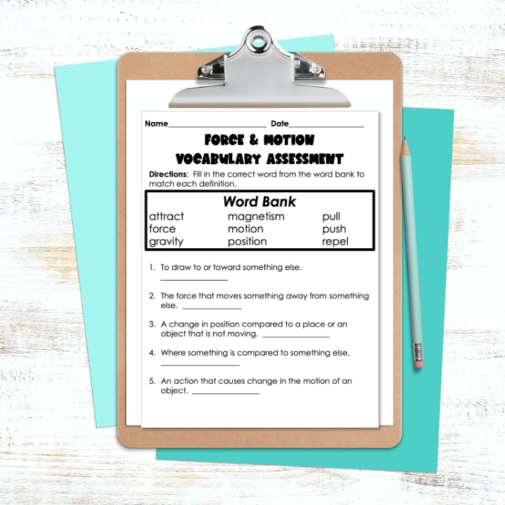 Science Vocabulary Assessments Force Motion Energy Quiz Test Review