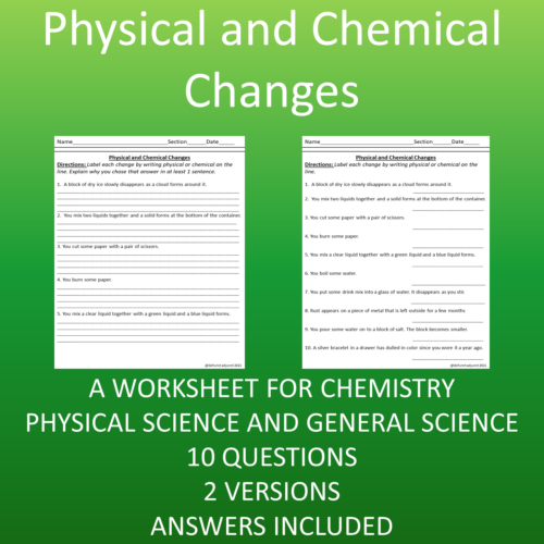 Physical and Chemical Changes Worksheet For Science Classes's featured image