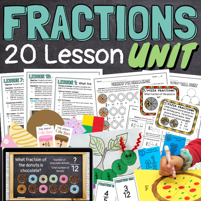 4th Grade Fractions 20 Lesson Unit with Slides, Games, and Worksheets