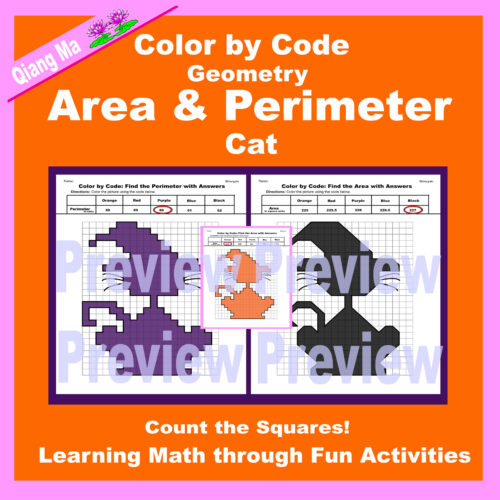 Halloween Color by Code: Area and Perimeter: Count Squares: Cat's featured image